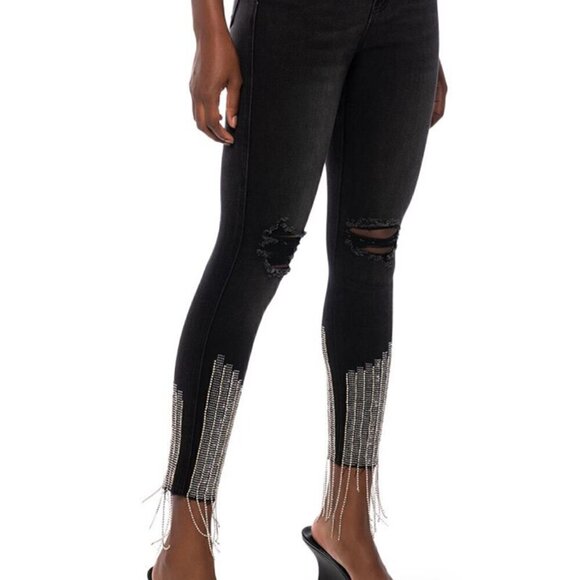 Akira NWT Black Wash Rhinestone Fringe Distressed High Rise Jeans Women’s Size 9 - Picture 7 of 8